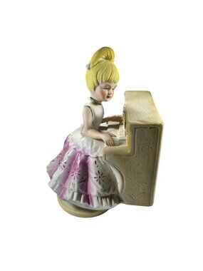 Vtg Ceramic Girl Playing Piano Music Box Figurine Hand-Painted Pink Skirt